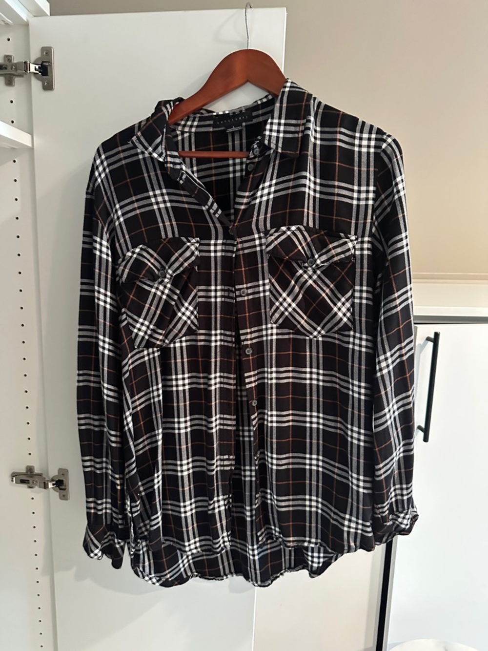 Sanctuary Black Plaid Shirt with White and Brown Lines